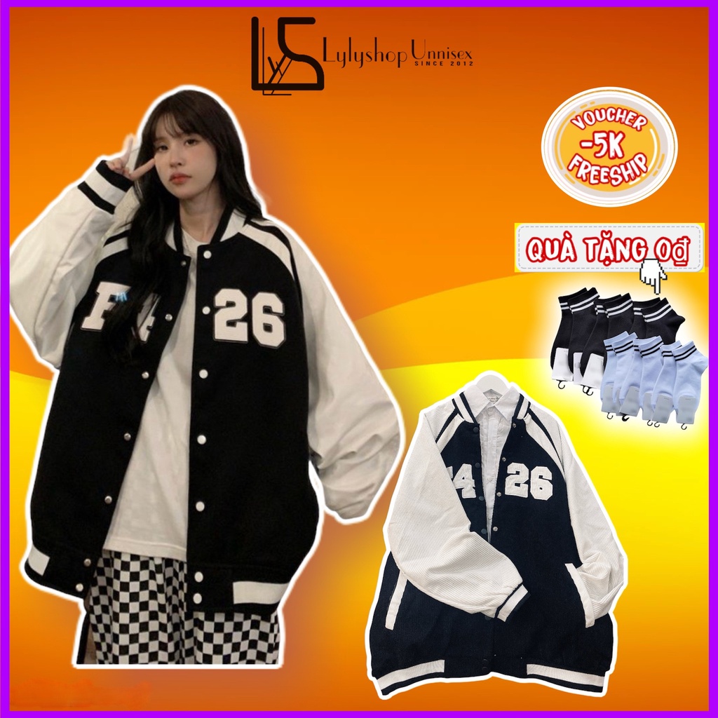 Áo khoác bomber F426 Lylyshop Unisex, kiểu áo khoác bóng chày chất nhung tăm lót dù trơn thêu chữ form rộng cho nam nữ