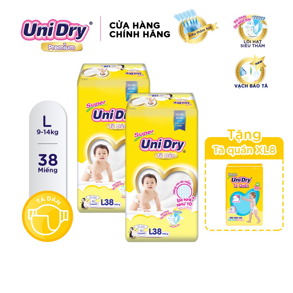 (Tặng 1 gói tã quần size XL8) Combo 2 tã dán UNIDRY size L (38 miếng)