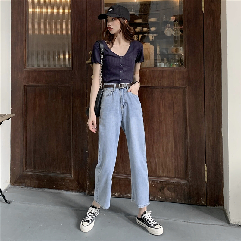 Quần jeans PEPPERMINT 40791 dáng lửng cạp cao ống suông thời trang