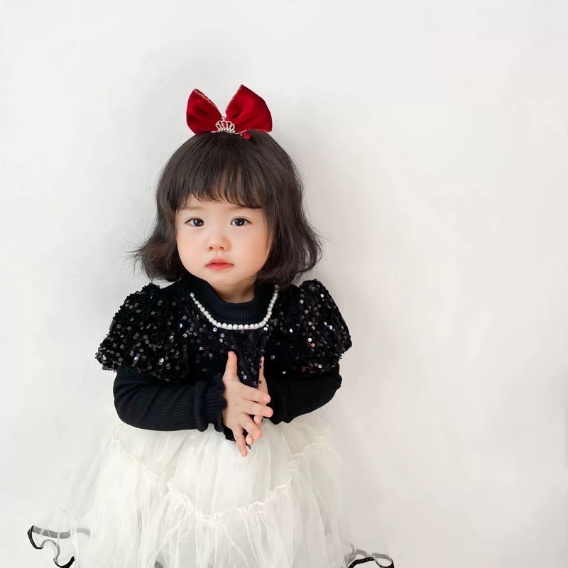 Nơ nhung đỏ đính vương miện kẹp đỉnh đầu cho bé
