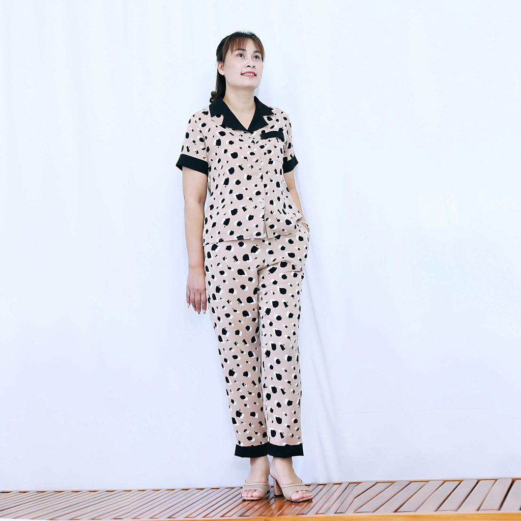Bộ pizama nữ mặc nhà quần dài tay ngắn màu cao cao đốm đen pha cổ đen vải lụa Mango cao cấp - Nhẹ Nhàng - Đẳng cấp