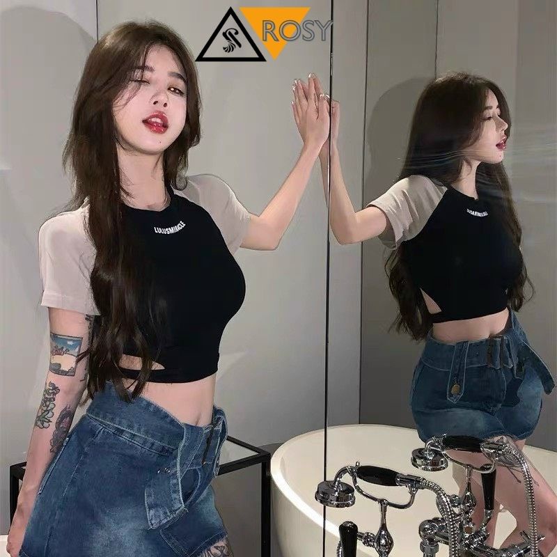 Áo kiểu croptop cổ tròn tay ngắn phối màu chất thun co giãn năng động cá tính