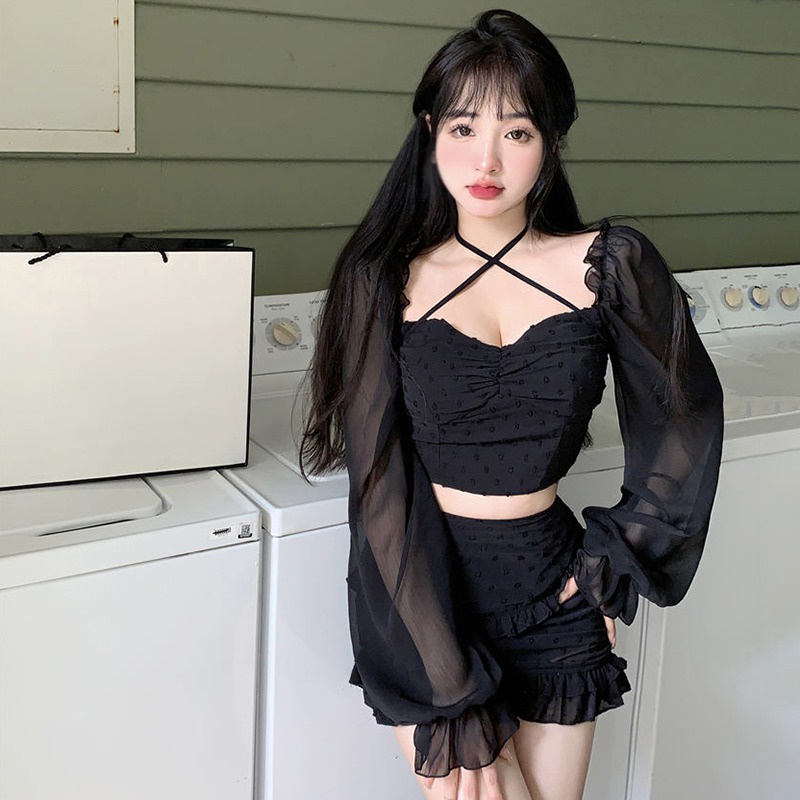 Set Áo Croptop Trễ Vai + Chân Váy Lưng Cao Họa Tiết Chấm Bi 2 Món Thời Trang Cho Nữ