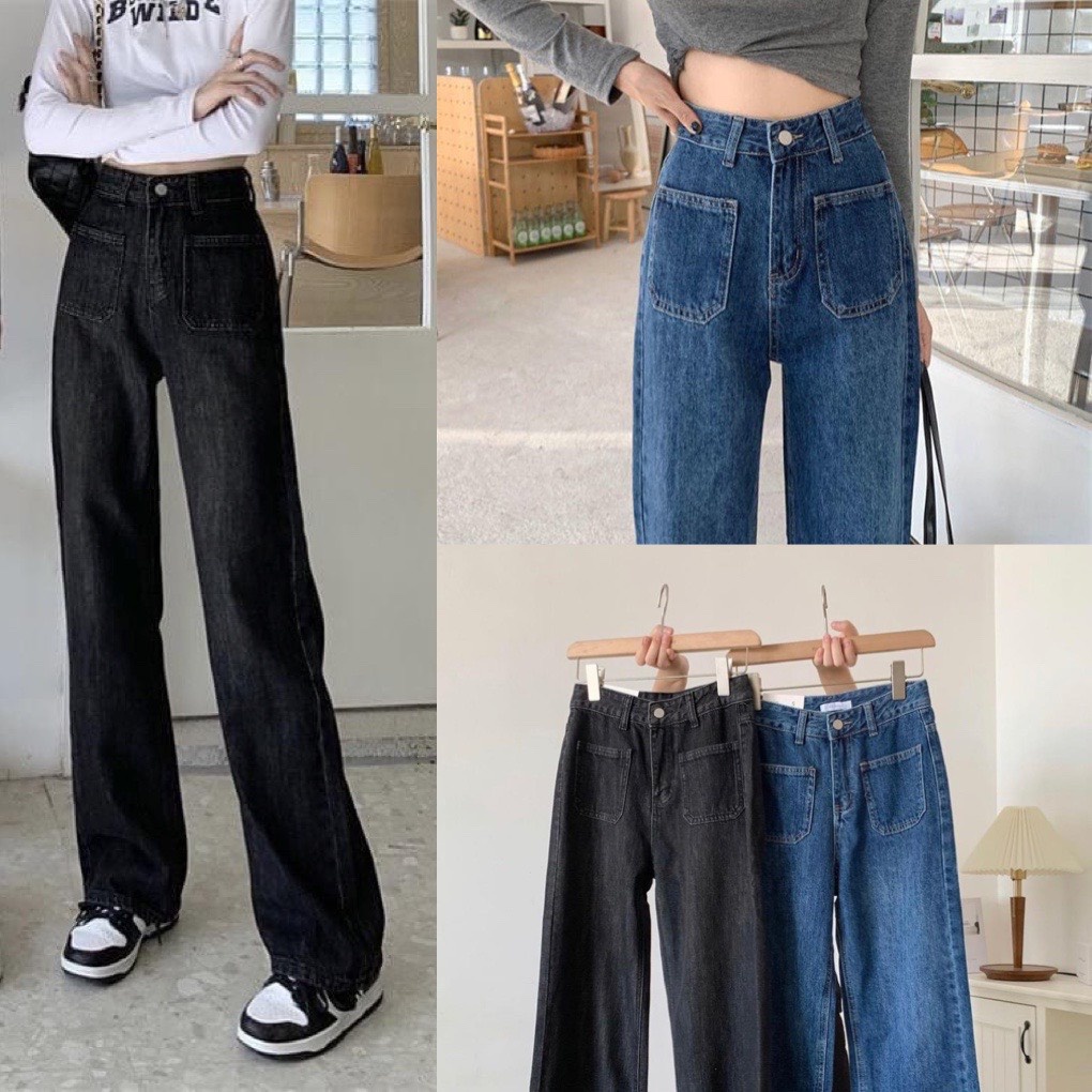 Quần Jean Nữ Ống Loe Đứng - Quần Bò Nữ Ống Loe Đứng Rộng Suông Co Giãn Jeans Cạp Cao