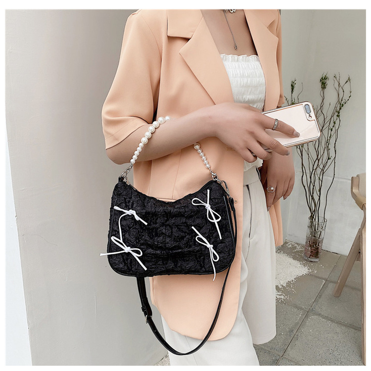 Bag female black fold butterfly bag 2021 new trendy baguette bag pearl portable underarm bag shoulder messenger bag