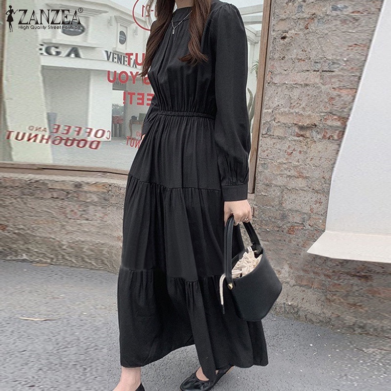 Đầm maxi nữ Zanzea dài tay cổ tròn eo thun thời trang Hàn