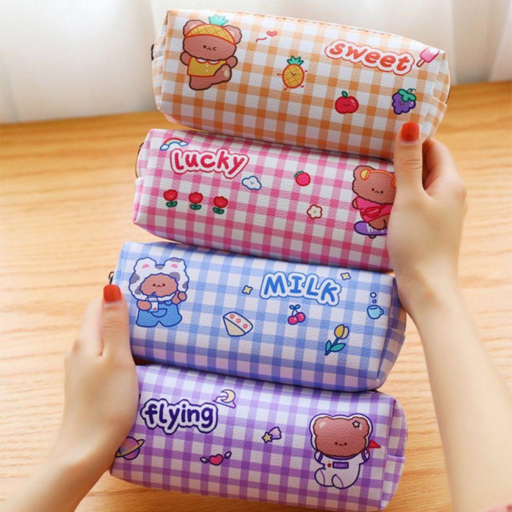Túi Đựng Bút Chì Kẻ Sọc Caro Sức Chứa Lớn Phong Cách Hàn Quốc