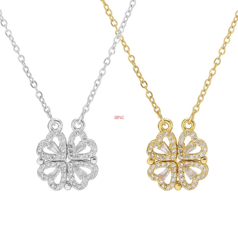 Vòng cổ choker dây xích mặt cỏ 4 lá hình trái tim từ tính gấp gọn được nhiều kiểu