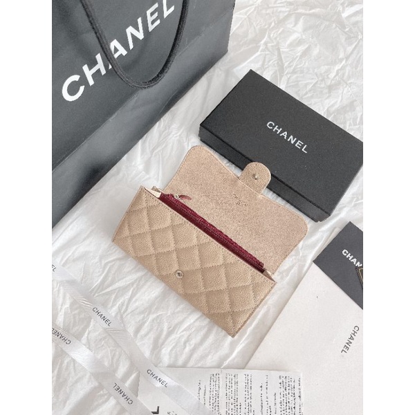 Ví nữ dài C.N da thật caviar  2 màu đen&amp;kem fullbox vip có mã code