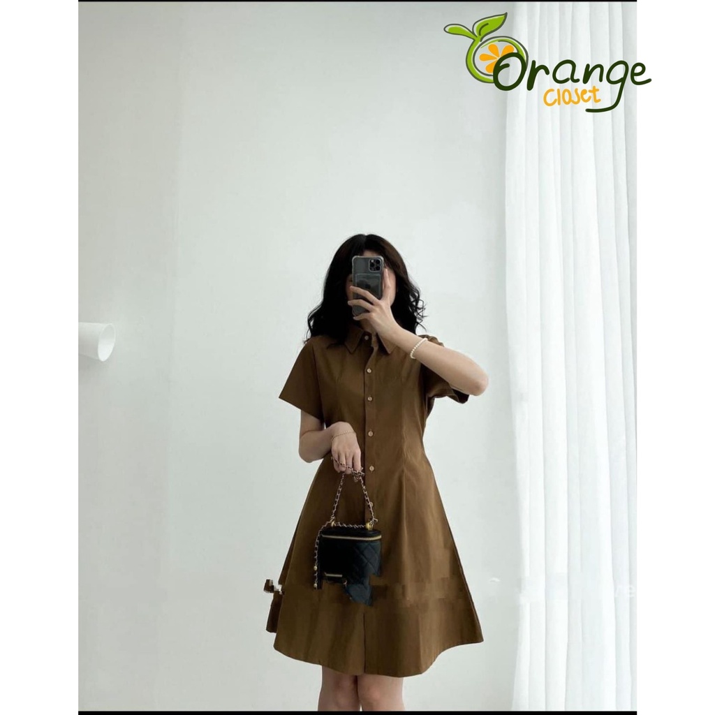 Đầm Sơ Mi Hàn Quốc Vải Thô Đũi Tay Ngắn Váy Cổ Polo Xếp Ly Eo ulzzang Orange Closet D23401