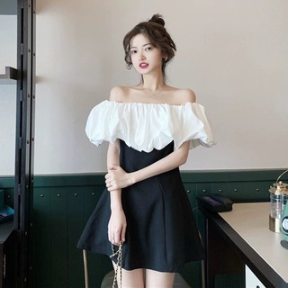 Đầm xoè liền thân viên phối bèo trễ vai cao cấp phối 2 màu trắng đen form dáng ngắn siêu kute tiểu thư freesize 60kg