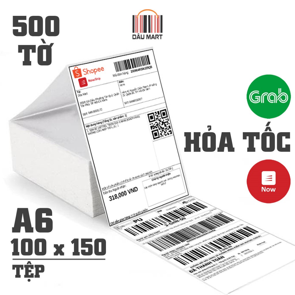 500 tờ giấy A6 in đơn hàng TMĐT Shopee và Nhãn tem vận chuyển size 100x150 mm 10x15 cm