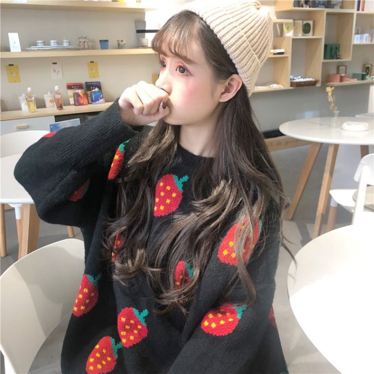 Áo Khoác Sweater Chui Đầu Dày Dặn In Hình Dâu Tây Kiểu Hàn Quốc Xinh Xắn Cho Nữ