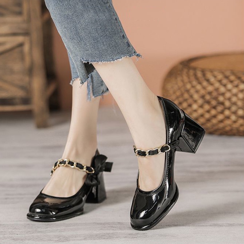 Giày Cao Gót Da Mũi Vuông Đính Nơ Thời Trang Cho Nữ