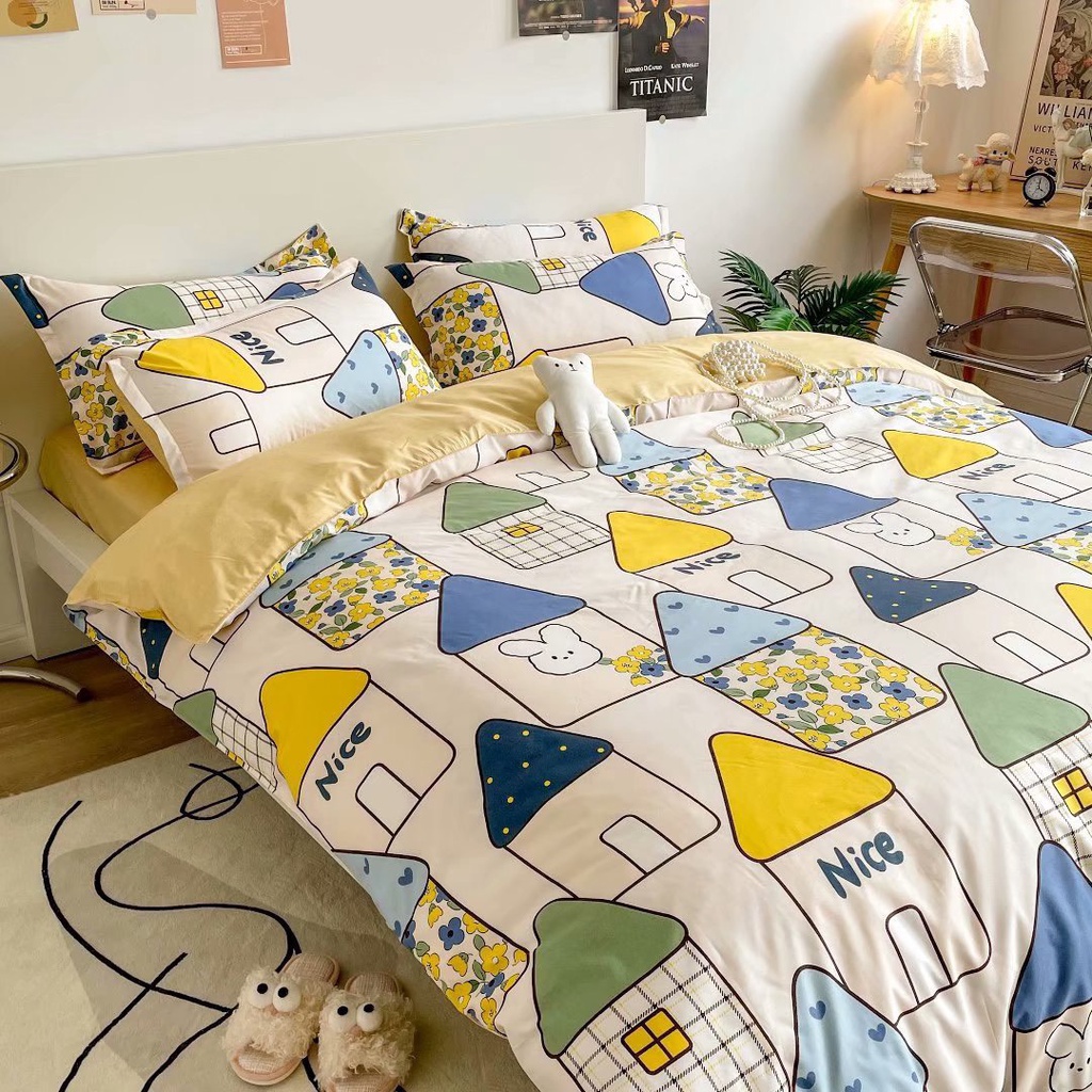 Bộ chăn ga gối cotton poly 2 mặt Lidaco decor phòng ngủ vintage - Ngôi nhà dâu tây ( SP001458)