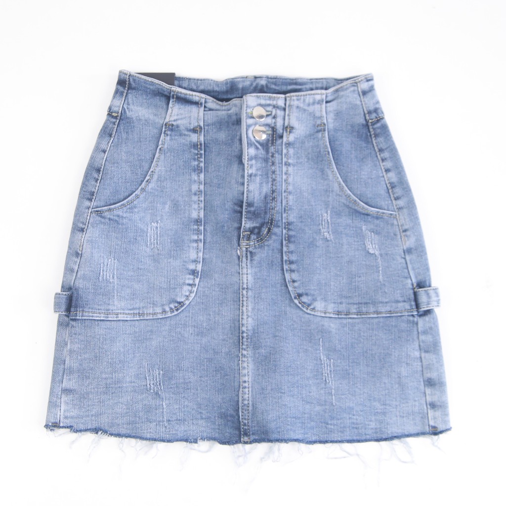 Chân váy công sở, Chân váy Jean co giãn màu xanh nhạt, Có túi trước, Gấu tua rua | BigBuy360 - bigbuy360.vn