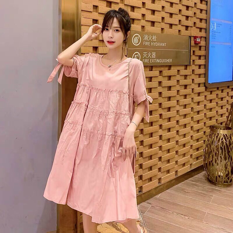 🔅Đầm BabyDoll Hồng Tay Thắt Nơ