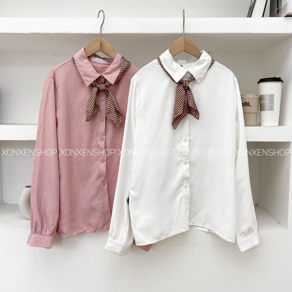 Áo sơ mi nữ dài tay sơ mi nữ đẹp buộc nơ cổ thanh lịch chất vải mềm mịn XONXEN SHOP free size mã 168