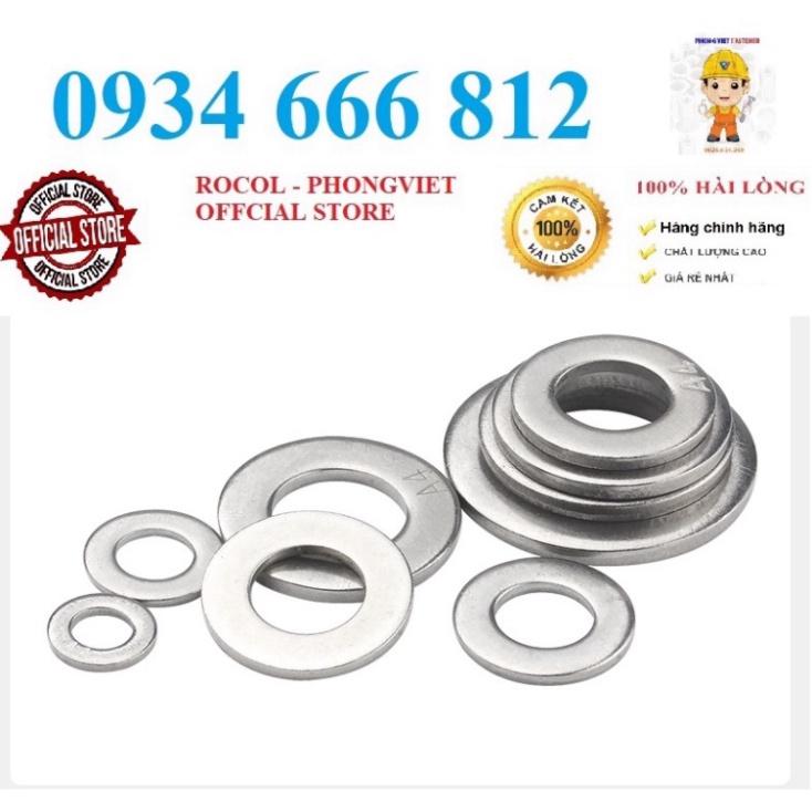 Combo 50C và 20c LONG ĐEN PHẲNG INOX 304 M3, M4, M5, M6,M8, M10, M12