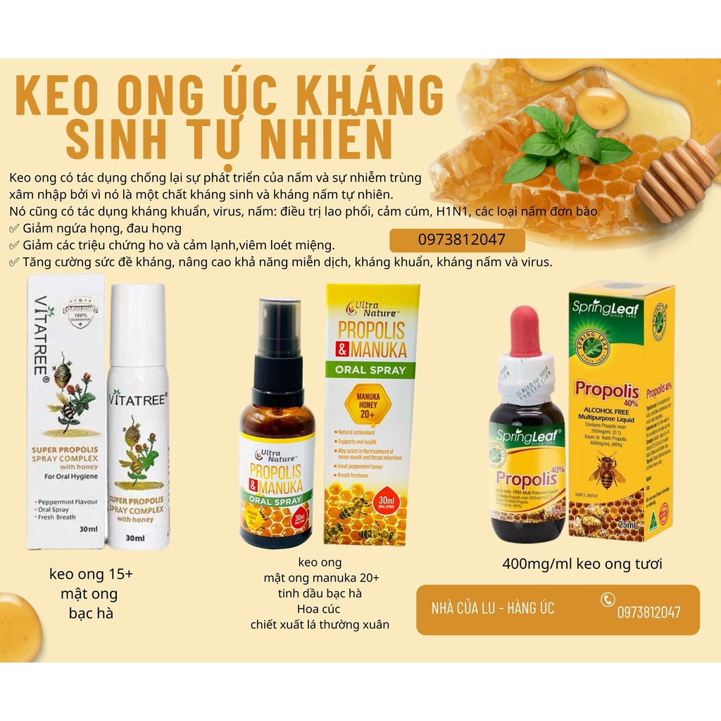 (Hàng nội địa Úc)Xịt Keo Ong Vitatree+Keo ong Manuka+Keo ong Springleaf