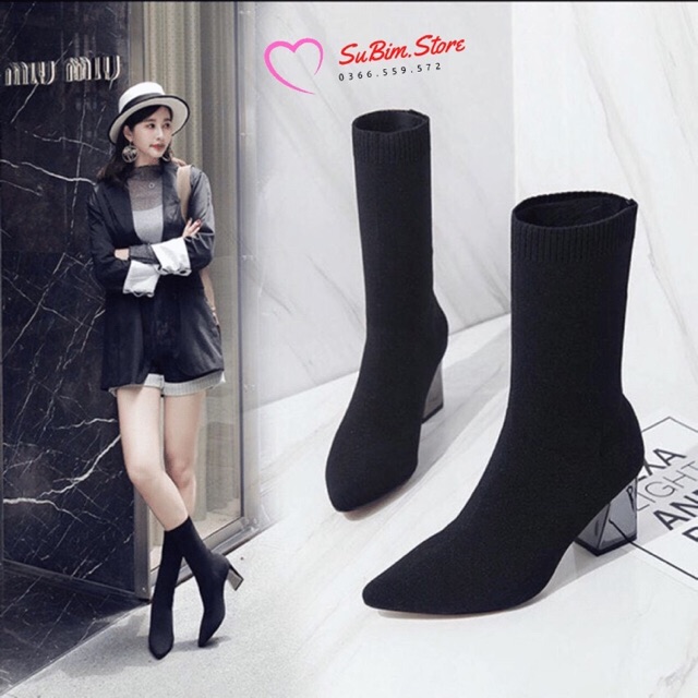 Boots len nữ cổ lửng gót tráng gương 7p sang chảnh quảng châu!