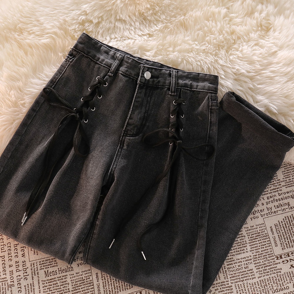 Jiashucheng Quần Jean Lưng Cao Ống Rộng Cột Dây Dáng Suông Nhỏ Cho Nữ