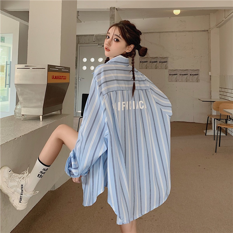 Áo Sơ Mi Tay Dài Kẻ Sọc In Chữ Thời Trang Dành Cho Nữ