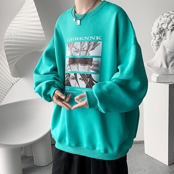 Áo sweater tay dài cổ tròn dáng rộng in họa tiết hoạt hình kiểu Hồng Kông thời trang mùa thu cho nam 2021