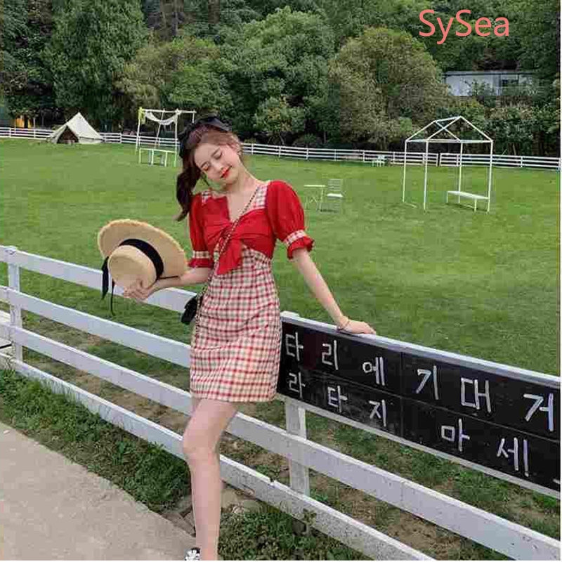 Đầm caro lưng cao thắt nơ cổ vuông phong cách mùa hè thời trang Hàn Quốc cho nữ | BigBuy360 - bigbuy360.vn