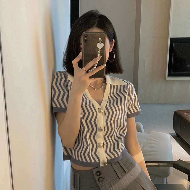 Áo Cardigan Dệt Kim Mỏng Cổ Polo Tay Ngắn Họa Tiết Trái Tim Kẻ Sọc Thời Trang Mùa Hè 2022 Cho Nữ