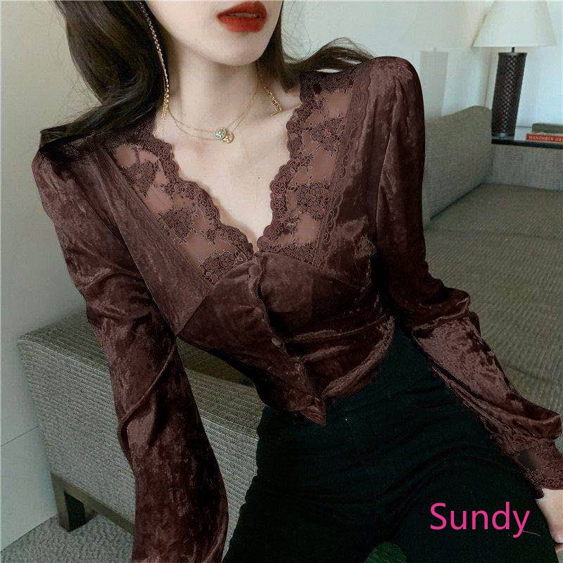 Áo Kiểu Tay Dài Phối Ren Hoa Thiết Kế Cổ Chữ V Quyến Rũ Cho Nữ