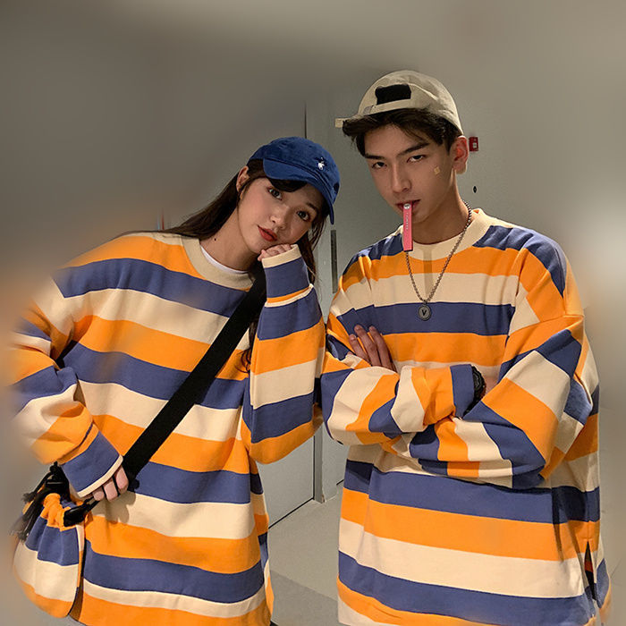 Áo thun tay dài dáng rộng họa tiết sọc ngang thời trang cho nam