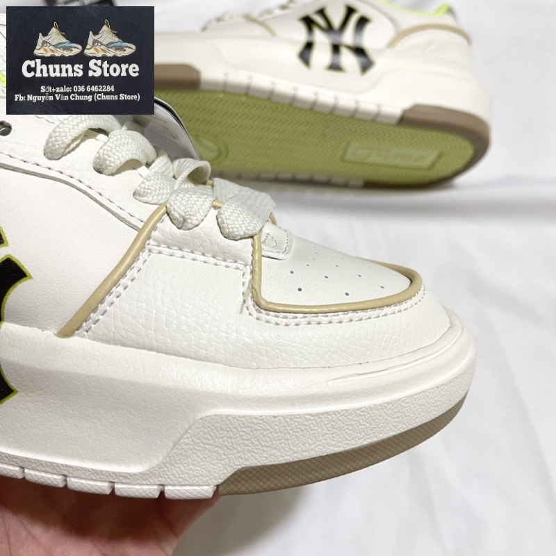 Giày MLB chunky Ofwhite x Mcqueen NY trắng kem vàng da nhăn cao cấp
