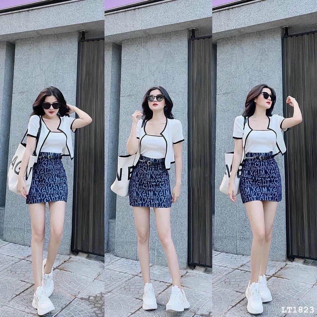 Set Bộ Áo Phối Viền Và Chân Váy Kèm Áo Trong Rose Fashion