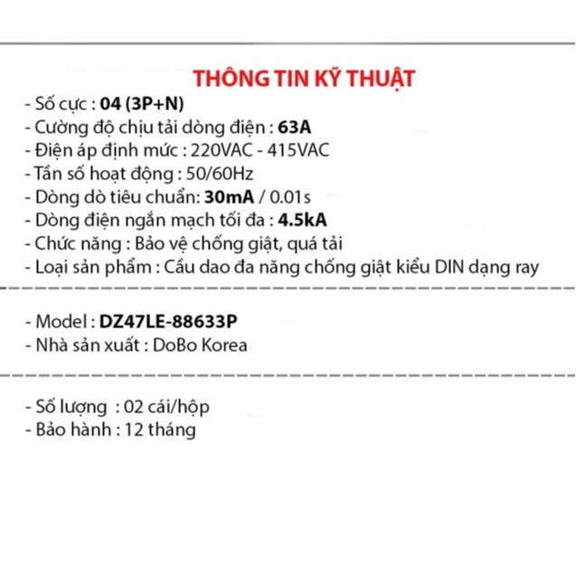 [HÀNG CHÍNH HÃNG] Cầu Dao Chống Giật 3 Pha 380V RCCB DOBO KOREA siêu nhạy - 4.5kA 30mA (Aptomat chống giật)