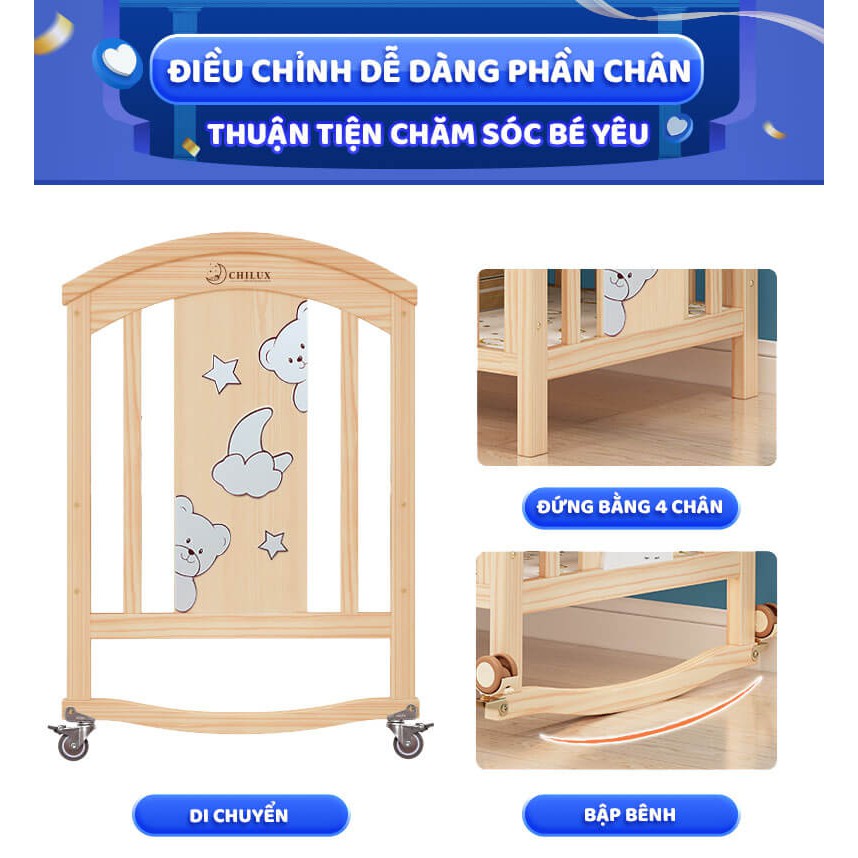 Nôi cũi gỗ em bé gấu con Teddy Bear đa năng 6 trong 1 CHILUX PEACE màu gỗ tự nhiên