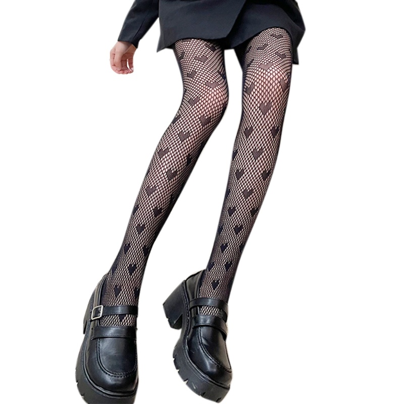 Quần tất lưới phối ren khoét lỗ hoạ tiết trái tim phong cách Gothic Punk ngọt ngào quyến rũ cho nữ