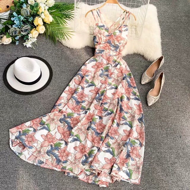 Váy maxi hoa hở lưng 2 dây chéo lưng cổ V mang đi biển đi chơi màu xanh, hồng, đỏ, đen