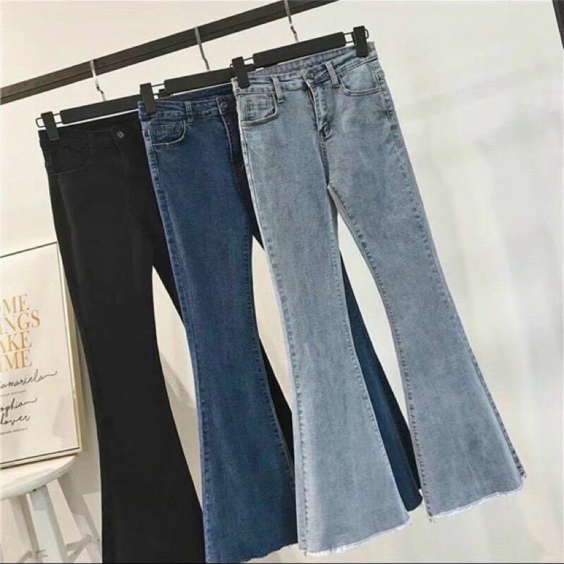 Quần jeans ống loe nữ trơn co dãn cạp cao