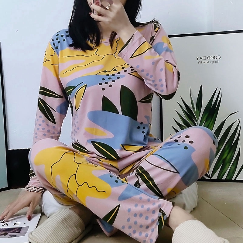 xiaohan korea spring autumn loose nightwear round neck long sleeve sleepwear set cute print women Large size baju tidur | BigBuy360 - bigbuy360.vn