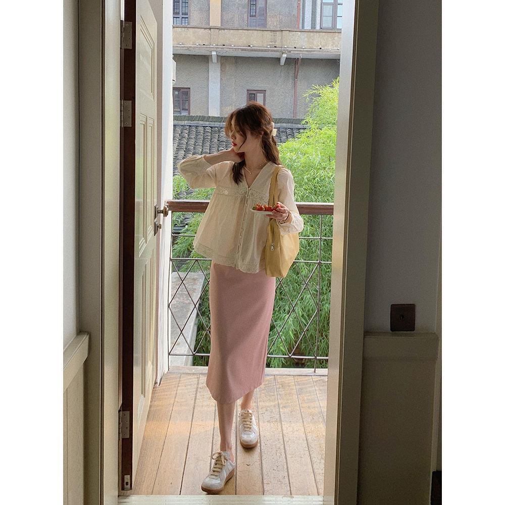 Honypove Chân Váy Hồng Lưng Cao Xẻ Tà Quyến Rũ Thời Trang Xuân Hè Phong Cách Hàn Quốc Cho Nữ 2022