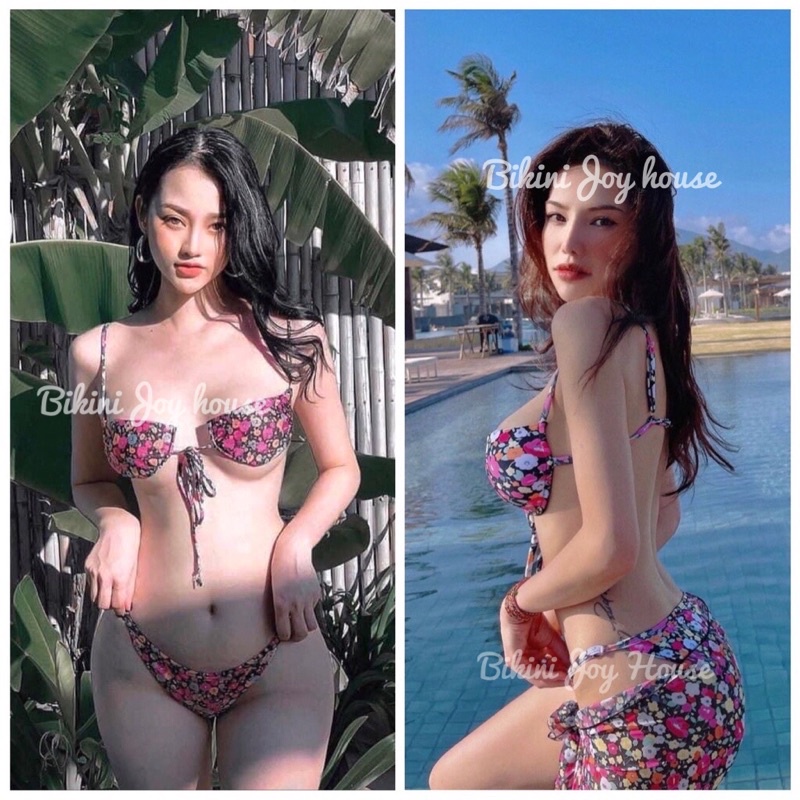 [ HÀNG CAO CẤP ] Bikini set 3 món hoạ tiết hoa nhí kèm khăn sexy