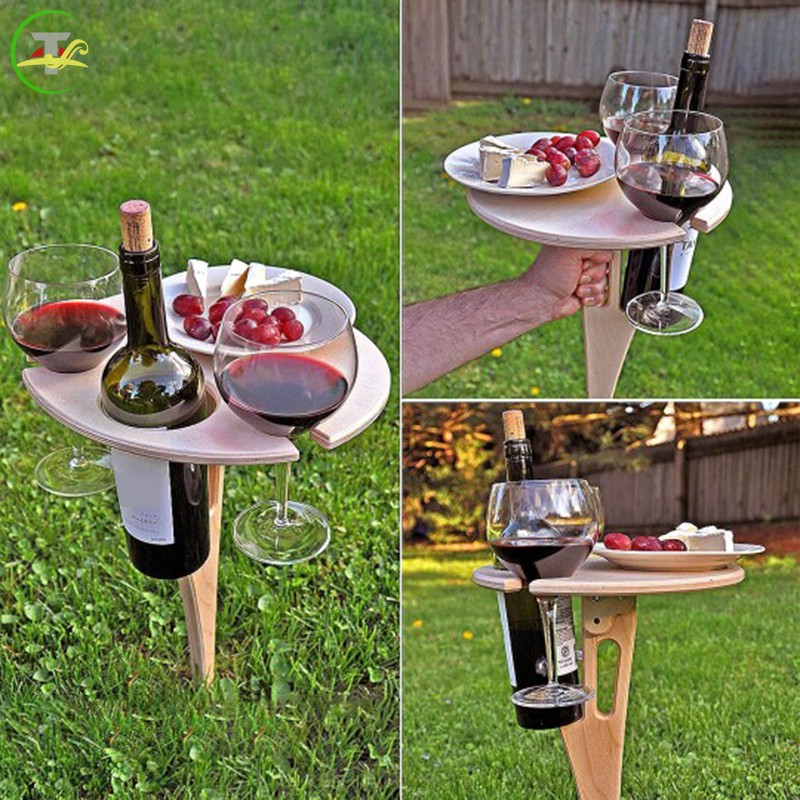 TG Outdoor Portable Wine Table with Foldable Round Desktop Mini Wooden Picnic Table Easy to Carry @vn