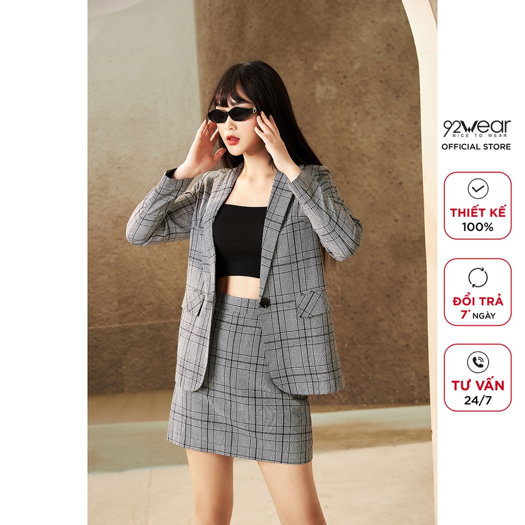 Áo vest nữ kẻ dài tay 92WEAR, kiểu dáng Hàn Quốc thanh lịch, trẻ trung VBA2154