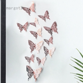 Set 12 miếng dán tường trang trí hình bướm 3D màu vàng/bạc