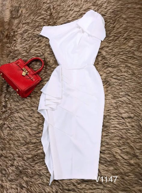 Váy trắng body lệch vai V1147-DVC- Huyền Anh shop - siêu rẻ- siêu chất