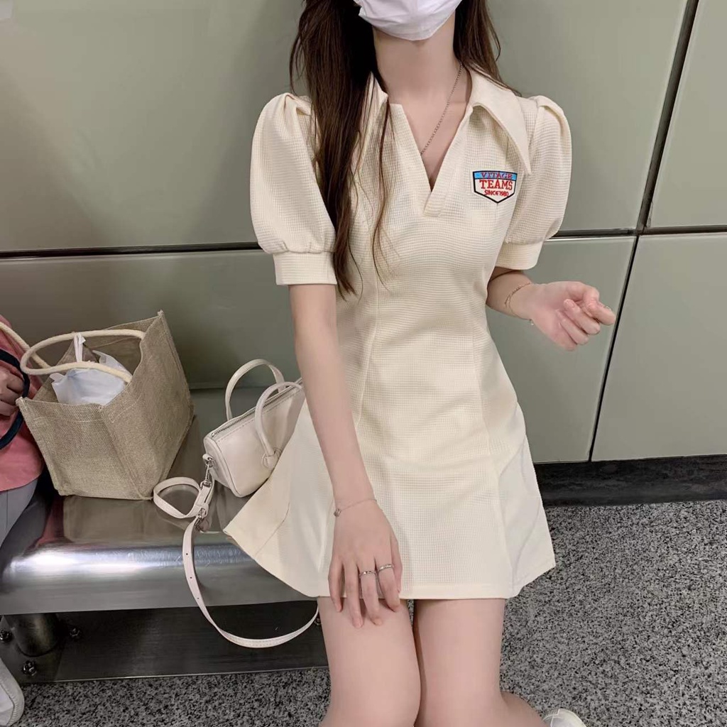 Porozi  Đầm tay ngắn  cổ bẻ phong cách Hàn Quốc thời trang cho nữ