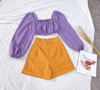 SET ÁO CROP TÍM QUẦN SHORT VÀNG (KÈM HÌNH THẬT)
