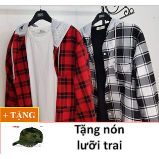 ÁO KHOÁC SƠMI UNISEX CAO CẤP SỌC CARO PHỐI NÓN +TẶNG KÈM NÓN LÍNH CAO CẤP