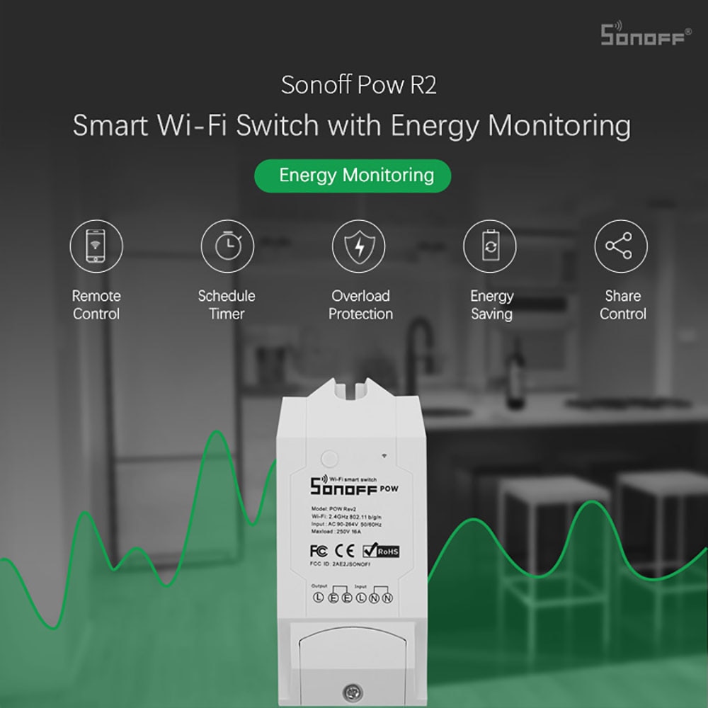 Công tắc WiFi SONOFF Pow R2 có đo mức tiêu thụ điện Công tắc nguồn WiFi Bộ điều khiển công tắc Wi-Fi thông minh 15A Hoạt động với Alexa